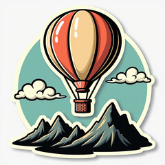 Beer-keg hot air balloon over mountains cartoon sticker retro palette -