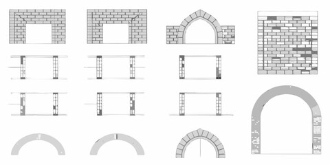 Collection of architectural drawings showcasing various brick arch construction methods and styles