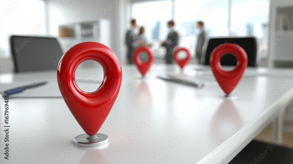 Poster red pin is on a table with a white background. the pin is shaped like a map and is placed in the cen