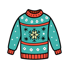 Charming hand-drawn vector cartoon winter sweater illustration with festive snowflakes and patterns