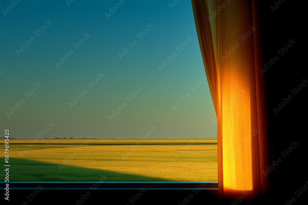 Poster window with a curtain open to a field of grass. the sun is shining through the window. the scene is 