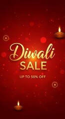 Diwali sale advertisement with traditional lamps and festive red background for holiday marketing campaign
