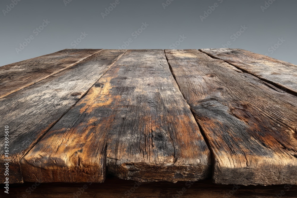 Poster wooden table with a dark brown top and a grey background. the table is empty and has a rustic feel t