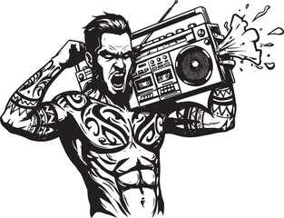 Tattooed man blasting music from a vintage boombox with dynamic