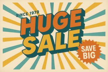 Vintage banner with HUGE SALE and SAVE BIG discount offer, retro style, vibrant retail promo announcement.