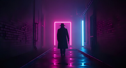 Mysterious silhouette in fedora and trench coat walks through neon-lit alleyway towards glowing square portal
