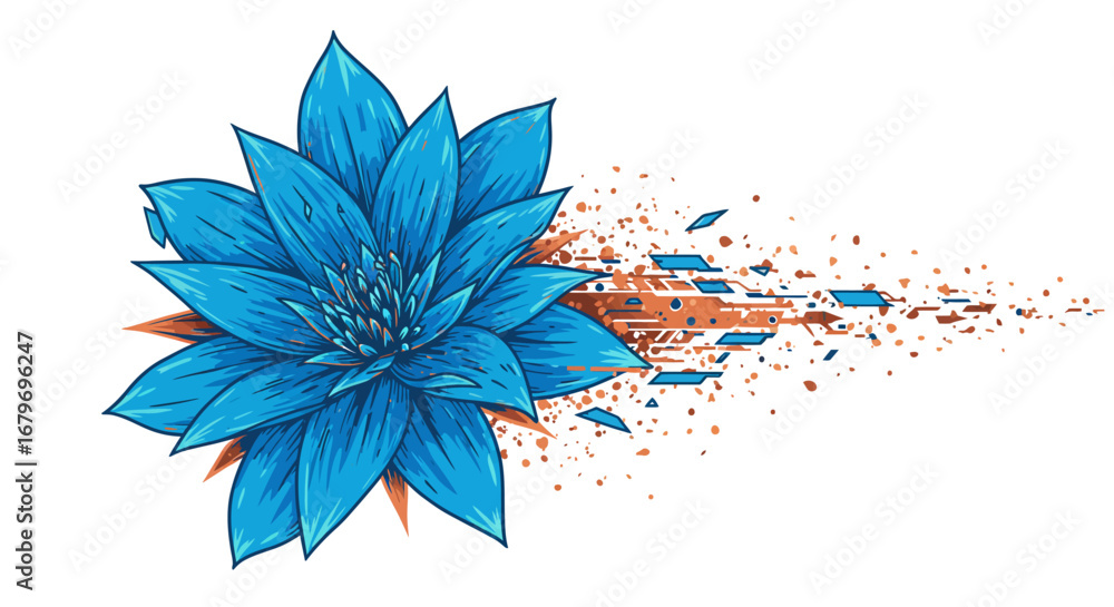 Poster dynamic blue flower with abstract geometric shapes and splatter effect