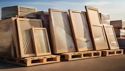 framed paintings wrapped for protection stacked on wooden crates suggesting storage or preparation for shipping