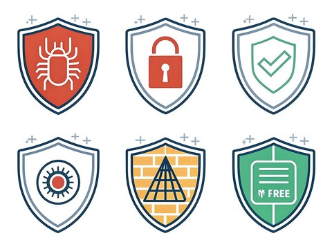 Collection of security shields with icons representing cyber threats and protection