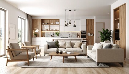 Fototapeta premium “Minimalist open-concept living room and kitchen with beige sofas, wood accents, natural light and neutral tones”