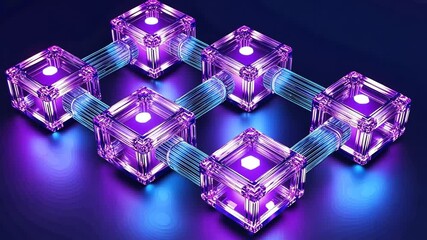 A futuristic digital art piece depicts six connected glowing cubes with vibrant purple and blue hues - Powered by Adobe