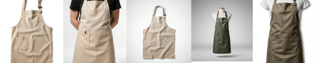 Various aprons with pockets in neutral and green colors  