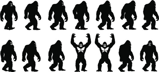 Silhouette sequence of Bigfoot Sasquatch walking and standing poses facing left and right for animation, cryptid design, folklore, monster vector illustration