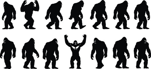 Silhouette set of Bigfoot Sasquatch walking and standing poses for cryptozoology, myth, folklore, monster design, animation walk cycle, vector illustration