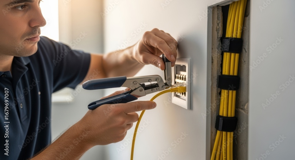 Poster professional installing a lowprofile inwall ethernet jack demonstrating cable management and punchdo