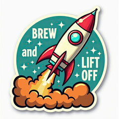 Fototapeta premium Rocket launch beer sticker, retro cartoon, teal and orange, brew humor