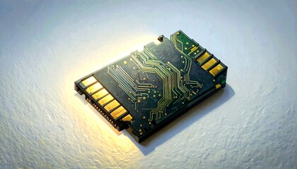Close-up of a memory card with intricate circuitry illuminated by a light source, showcasing the complex inner workings of modern digital storage.