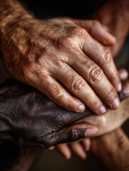 Fototapeta premium four diverse hands clasped together in unity symbolizing strength and collaboration indoor closeup inspirational