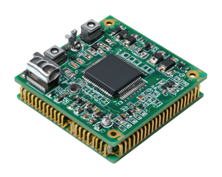 Electronic circuit board with microcontroller chip and neat soldered parts, compact and modern, isolated on transparent background.