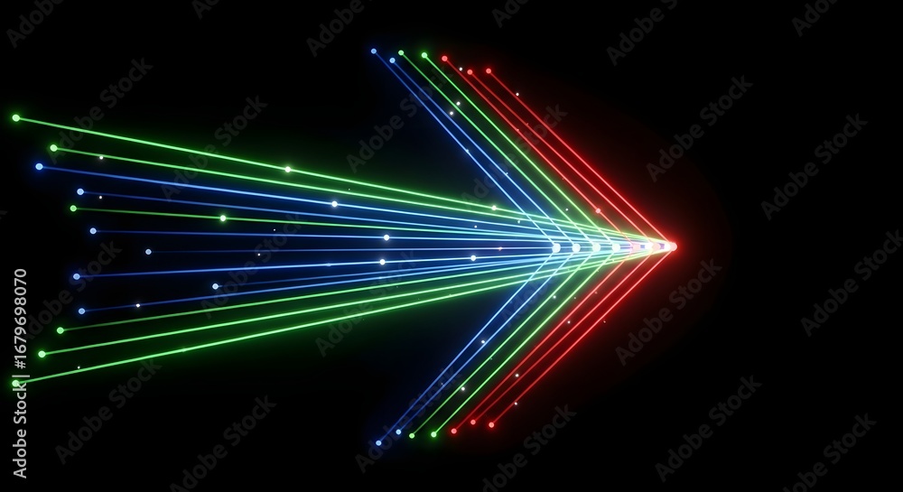 Poster neon rgb light beams forming an arrow shape on a black background. direction, progress, and data con