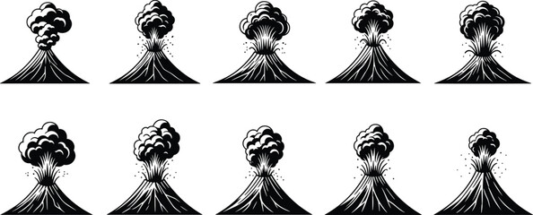 Volcanic eruption stages sequence vector illustration showing dormant to explosive phases with ash clouds, smoke plumes, lava flow, geological natural disaster