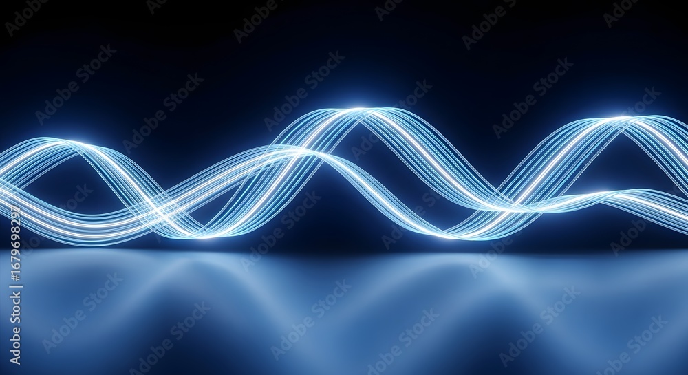 Poster abstract glowing blue light waves on a reflective background. digital data stream and energy frequen