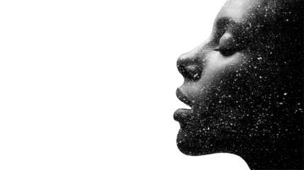 A side profile portrait of a woman exhaling stardust, tiny stars and particles forming an elegant arc, isolated on transparent background.