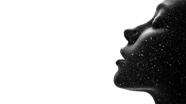 A side profile portrait of a woman exhaling stardust, tiny stars and particles forming an elegant arc, isolated on transparent background.
