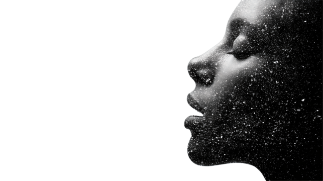 A side profile portrait of a woman exhaling stardust, tiny stars and particles forming an elegant arc, isolated on transparent background.
