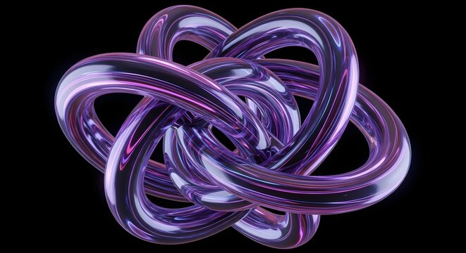 Abstract purple metallic knot with glowing reflections. Complexity, connection, and infinite loop concepts. A shiny three-dimensional tangled torus shape on a black background.