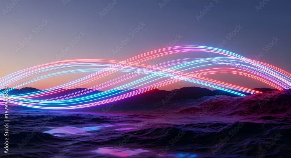 Poster wavy neon light trails over a dark mountain landscape. fusing nature with digital technology concept