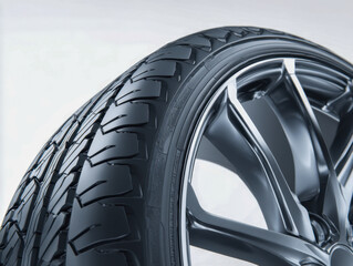 Close-up of a modern car tire featuring detailed tread pattern and sleek alloy wheel rim on a light background suitable for automotive and transportation themes