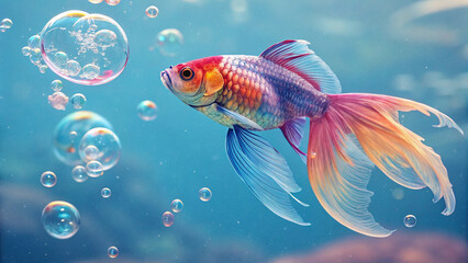 Fototapeta premium multicolored iridescent goldfish swims gracefully through a blue aquatic scene filled with floating bubbles