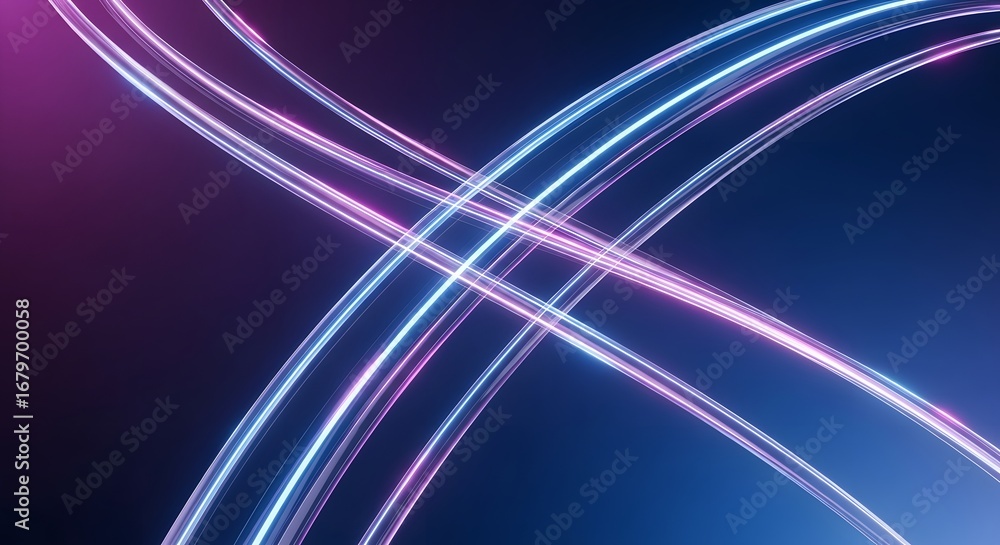 Poster intersecting curves of pink and blue neon light. data streams, connection, and dynamic energy concep
