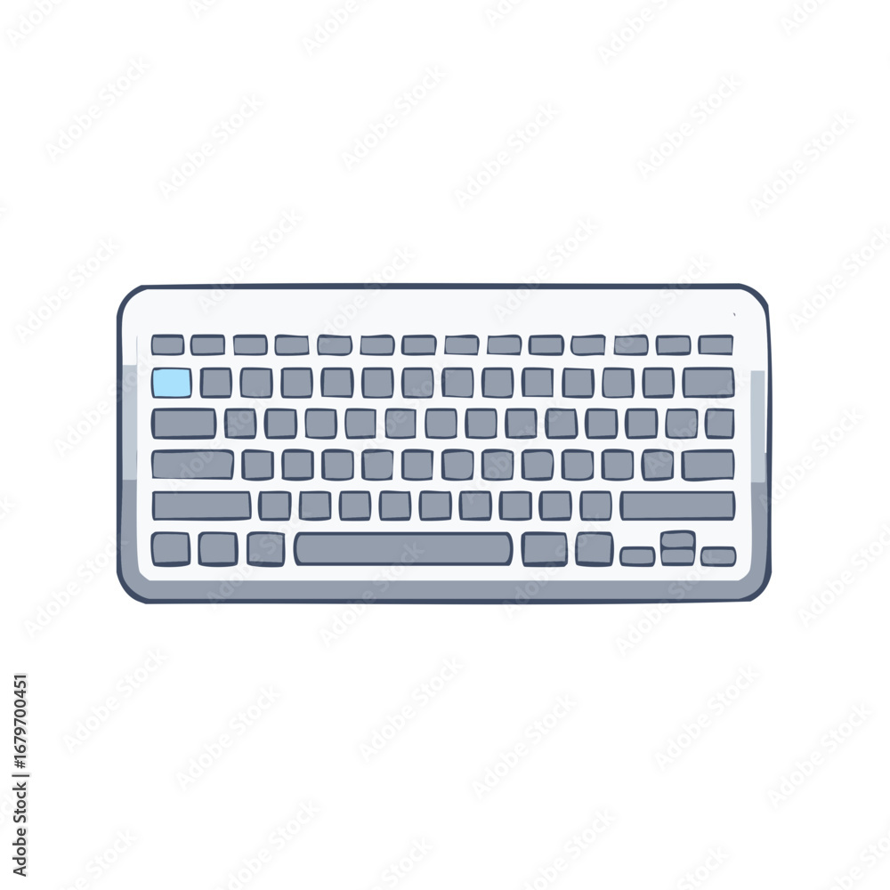 Poster simple flat illustration of a white computer keyboard with gray keys and a blue key