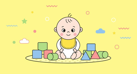 Fototapeta premium Delightful Infant Plays With Colorful Building Blocks On Vivid Yellow Background
