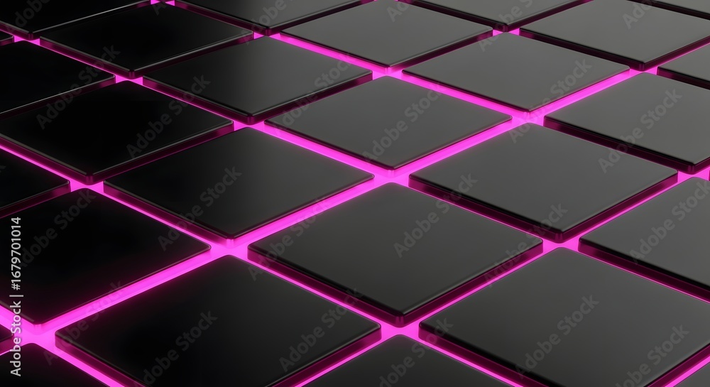 Aufkleber a grid of black tiles illuminated from below by pink light. futuristic technology and modern archite