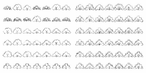 Collection of hand drawn stylized bushes and shrubs in various shapes and sizes for design