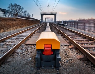 railway track buffer at the end of the line to stop a train transport stock photo image