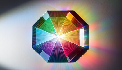 artistic light burst from a crystal prism with radiant colors on a white wall