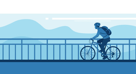 Fototapeta premium Cyclist Cycling Across Bridge in Minimalist Blue Style, Representing Active Lifestyle