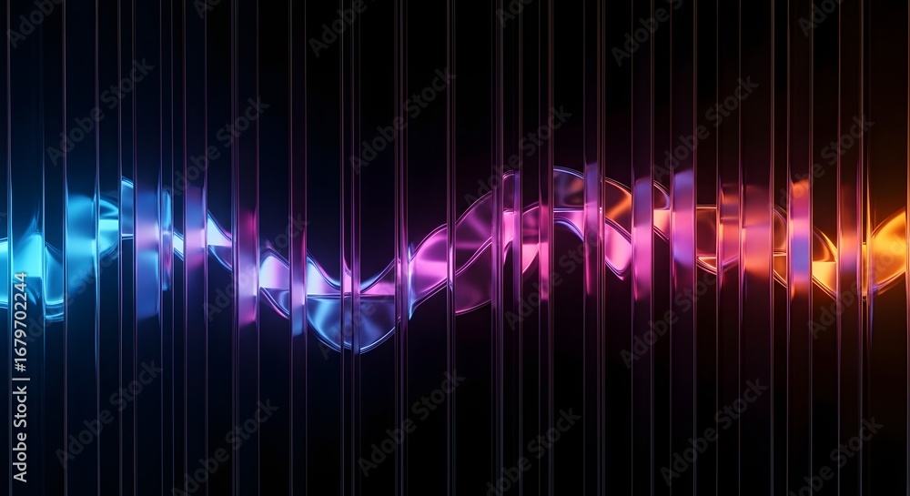 Poster abstract colorful energy wave behind vertical bars. soundwave visualization and digital distortion c