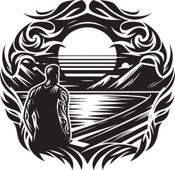 Intricate Vector Illustration of a Person Contemplating Nature in a Scenic Mountain Landscape