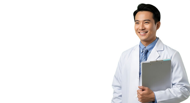 Smiling Young Asian Male Doctor in Lab Coat Holding Clipboard, Looking Away, Transparent Background