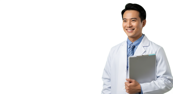 Smiling Young Asian Male Doctor in Lab Coat Holding Clipboard, Looking Away, Transparent Background