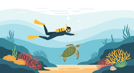 Diver Exploring Underwater Realm Encounters Turtle Amidst Colorful Coral Reefs