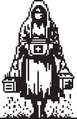 Obraz premium Pixelated Artwork of a Figure in Robes Holding Lanterns, a Black and White Digital Illustration