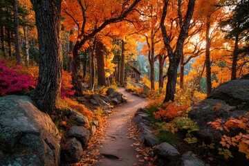 Obraz premium Autumnal forest path bathed in golden sunlight