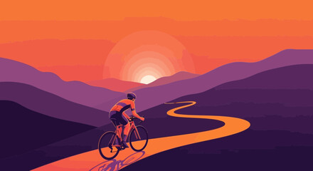 Obraz premium Cyclist riding on a winding road towards sunset with vibrant orange and purple colors