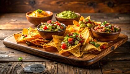 Delicious mexican nachos with tasty guacamole and dips on rustic wooden board